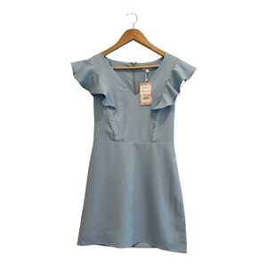 TCEC Light Blue Mini Dress Ruffle Accent Size M Short Sleeves V Neck